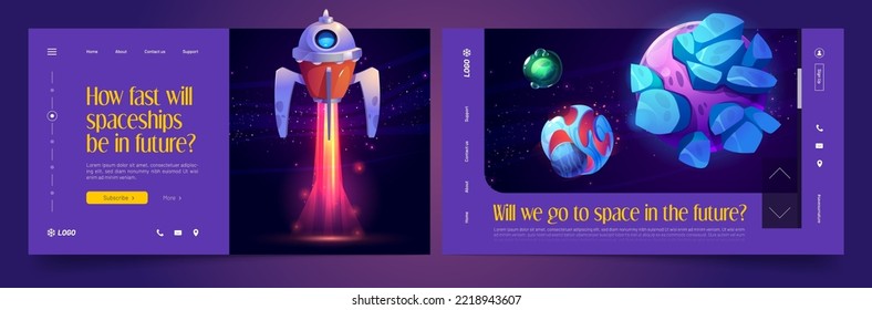 Set of space exploring landing page templates. Cartoon vector illustration of fantastic spaceship, rocket, asteroids and planets flying in dark starry galaxy. Creative educational website design