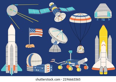 Set space flat vector objects. Trendy colorful illustration rockets, spaceship, mars rover, observatory, satellite, station, flag on moon, parachute capsule. Cosmos, Astronomy, exploration, universe.