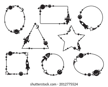 Set of space frames. Collection of various border space elements rocket, astronaut, satellite. Cosmic bodies. Astronomy. Vector illustration of cartoon space. Drawing for children.