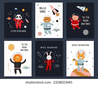 Set of Space Greeting Cards. Сollection of space-themed greeting cards with cute animals, planets, stars, and spaceships. Vector illustration, hand drawn style.