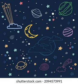 set of space icon on night background. star, crescent moon, planet, comet illustration. hand drawn vector. colorful outline. doodle art for kids, wallpaper, wall decoration, poster, card, fabric. 