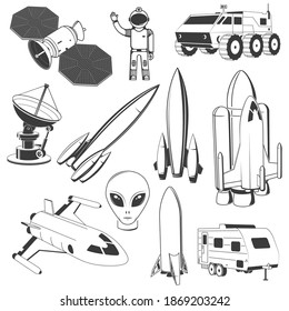 Set of space icon. Vector. Concept for shirt, print, stamp. Spaceman, astronaut, satellite, alien, shuttle, rocket, mars rover, camper trailer, shuttle.