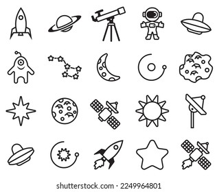 Set of space icon vector illustration in outline styl. Space research technology icons set. Vector illustration for web, landing page, stickers, and background. Icons on isolated in white background.