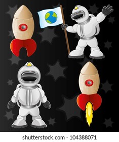 Set of space icons with astronaut and rocket on black background.