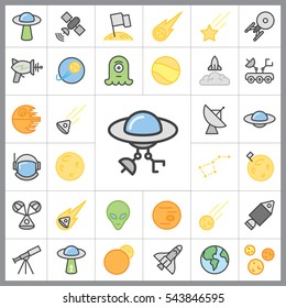 Set of Space Icons. Contains such Icons as Planet, Moon, Rocket, Alien, UFO, Satellite, Star, Astronaut and more. Editable Vector. Pixel Perfect.
