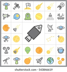 Set of Space Icons. Contains such Icons as Planet, Moon, Rocket, Alien, UFO, Satellite, Star, Astronaut and more. Editable Vector. Pixel Perfect.