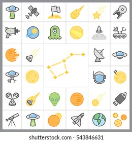 Set of Space Icons. Contains such Icons as Planet, Moon, Rocket, Alien, UFO, Satellite, Star, Astronaut and more. Editable Vector. Pixel Perfect.