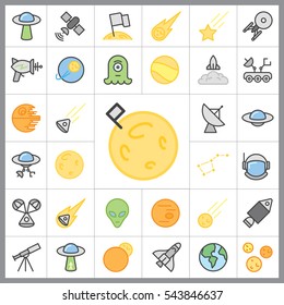 Set of Space Icons. Contains such Icons as Planet, Moon, Rocket, Alien, UFO, Satellite, Star, Astronaut and more. Editable Vector. Pixel Perfect.