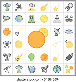 Set of Space Icons. Contains such Icons as Planet, Moon, Rocket, Alien, UFO, Satellite, Star, Astronaut and more. Editable Vector. Pixel Perfect.