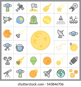 Set of Space Icons. Contains such Icons as Planet, Moon, Rocket, Alien, UFO, Satellite, Star, Astronaut and more. Editable Vector. Pixel Perfect.