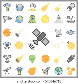 Set of Space Icons. Contains such Icons as Planet, Moon, Rocket, Alien, UFO, Satellite, Star, Astronaut and more. Editable Vector. Pixel Perfect.