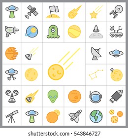 Set of Space Icons. Contains such Icons as Planet, Moon, Rocket, Alien, UFO, Satellite, Star, Astronaut and more. Editable Vector. Pixel Perfect.