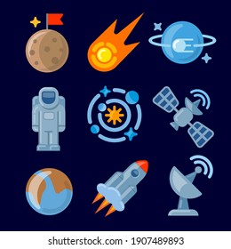 Set of space icons illustration in color style for for web, landing page, stickers, and background