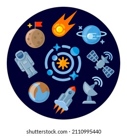 Set of space icons illustration in color style for for web, landing page, stickers, and round background