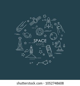 Set of space icons isolated on dark background. 