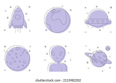 Set of space icons isolated on white background. Rocket, mars, earth, alien