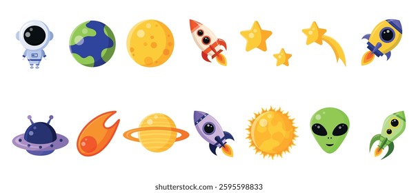 Set of space icons isolated on white background. Collection of design elements: astronaut, planets, stars, alien, rocket, sun, comet, Earth, UFO, moon.Cartoon style. Flat design. Vector illustration. 