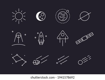 A set of space icons and a logo on a dark background, in the style of one line