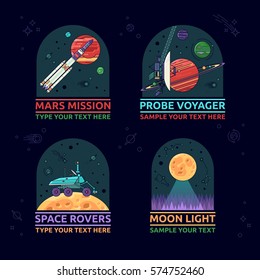 Set of space icons. The mars misson, probe voyager, space rover and moon light on a background of outer space.