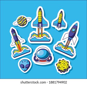 set of space icons on a blue background vector illustration design