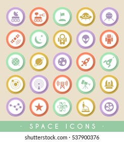 Set of Space Icons on Circular Colored Buttons. Vector Isolated Elements.