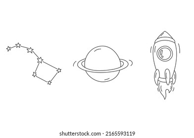 Set of space icons in outline style. Stars, planet, rocket for for web,landing page