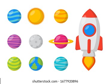Satz von Raumsymbolen. Planeten Cartoon Stil. einzeln auf weißem Hintergrund. Vektorillustration.