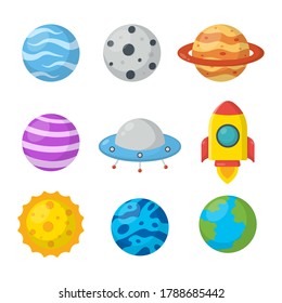 set of space icons. planets cartoon style. isolated on white background. vector illustration.