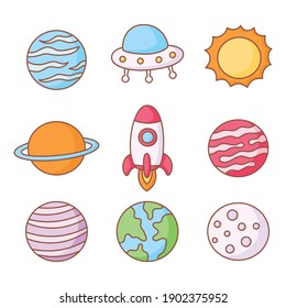 set of space icons. planets cartoon style. isolated on white background. vector illustration.