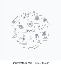 Set of space icons: planets, shuttle, cosmonaut, rockets.