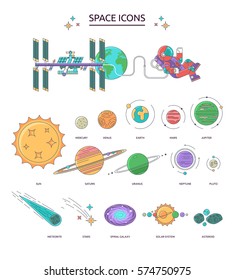 Set of space icons. The planets of the solar system, astronaut, space station on a background of outer space.