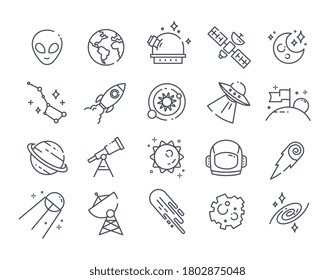 Set of space icons with rockets, planet, aliens, shooting stars, satellite and spaceships, line drawn black and white vector illustration