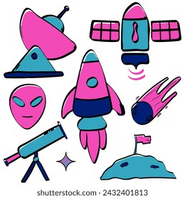 set of space icons simple colorful hand drawn cute flat vector illustrations