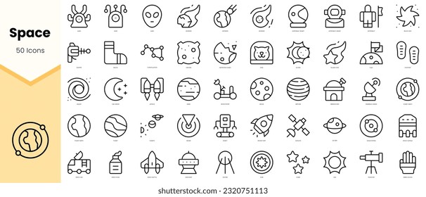 Conjunto de iconos espaciales. Paquete de iconos de estilo de arte de línea simple. Ilustración del vector