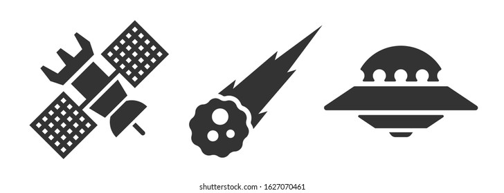 Set of space icons, spaceship, comet, satellite. Good idea and concept for web illustrations. Vector, flat icons. Very easy to edit. 