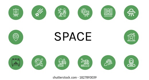 Set of space icons. Such as Canvas, Shooting star, Stargazing, Astronomy, Billboard, Ufo, Astronaut, Astronomer, Observatory, Rainbow, Star , space icons