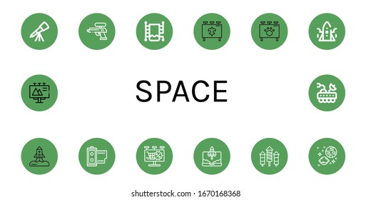 Set of space icons. Such as Telescope, Water gun, Heated towel rail, Billboard, Rocket, Film roll, Universe, Moon rover , space icons