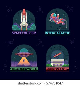 Set of space icons. The space tourism, intergalactic, observatory, another world on a background of outer space.