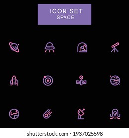 Set of space icons vector illustration astronaut, helmet, solar system, galaxy, planet, earth, mars, satellite, alien abduction, shuttle, rocket