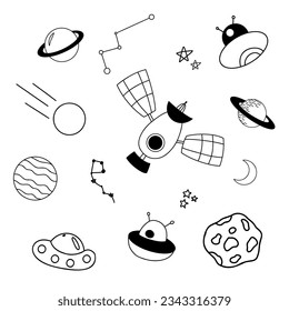 Set of space icons vector illustration in outline style for web, landing page, stickers and background