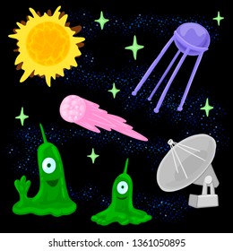 Set of space illustrations. Planets, aliens, comet, satellite, plate. On a dark sky, starry sky, galaxy. Print design. Vector drawing