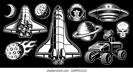 Set of space illustrations such as shuttle, planet, space rover, asteroid, astronaut, alien, moon, flying saucer