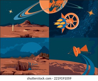 Set of space illustrations in vintage style. View from planets to space and spaceships and stations.