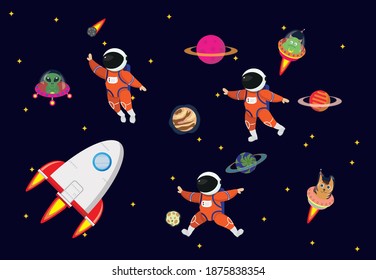 A set of space images. Children's astronauts. Little astronauts in different poses.