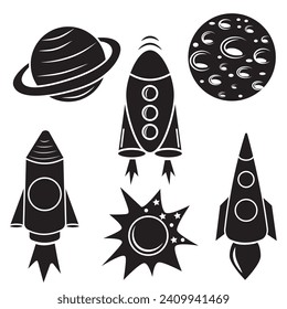A set of space isolated icons of planets, satellites, UFOs and rockets. Vector illustration