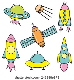 A set of space isolated icons of planets, satellites, UFOs and rockets. Vector illustration