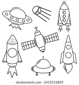 Un conjunto de iconos espaciales aislados de planetas, satélites, OVNIs y cohetes. Ilustración del vector