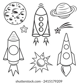 Un conjunto de iconos espaciales aislados de planetas, satélites, OVNIs y cohetes. Ilustración del vector