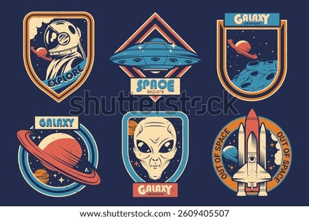 Set of space label or cosmic exploration patch. Vector cosmos insignia with shuttle and suit, helmet and alien, ufo and shuttle, spaceship or rocket. Galaxy symbol or universe emblem, celestial badge