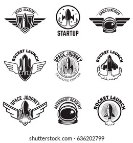 Set of Space labels. Rocket launch, astronaut academy. Design elements for logo, label, emblem, sign. Vector illustration